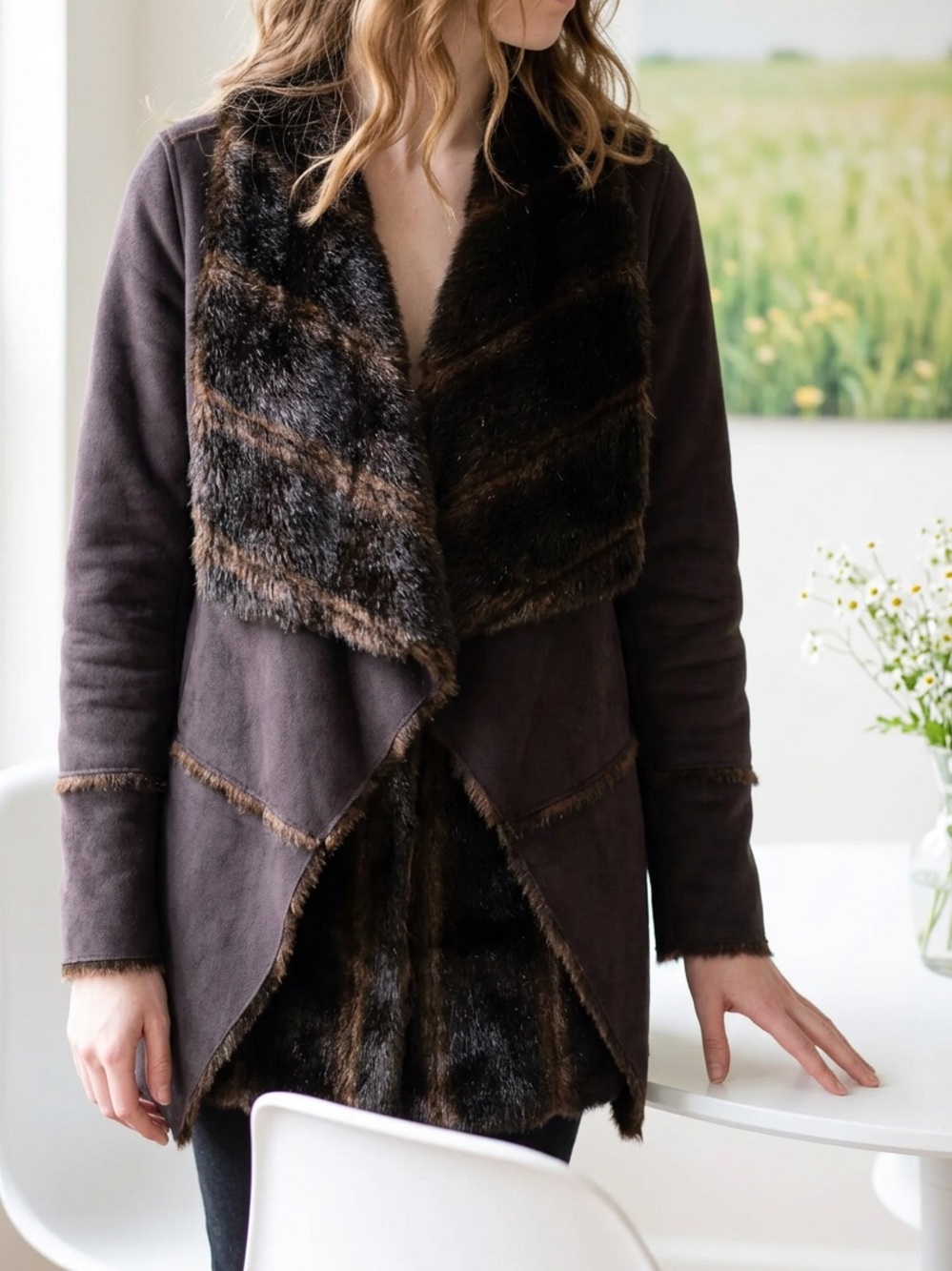 Michael Kors Dark Brown Faux-Fur Trim Trench Coat